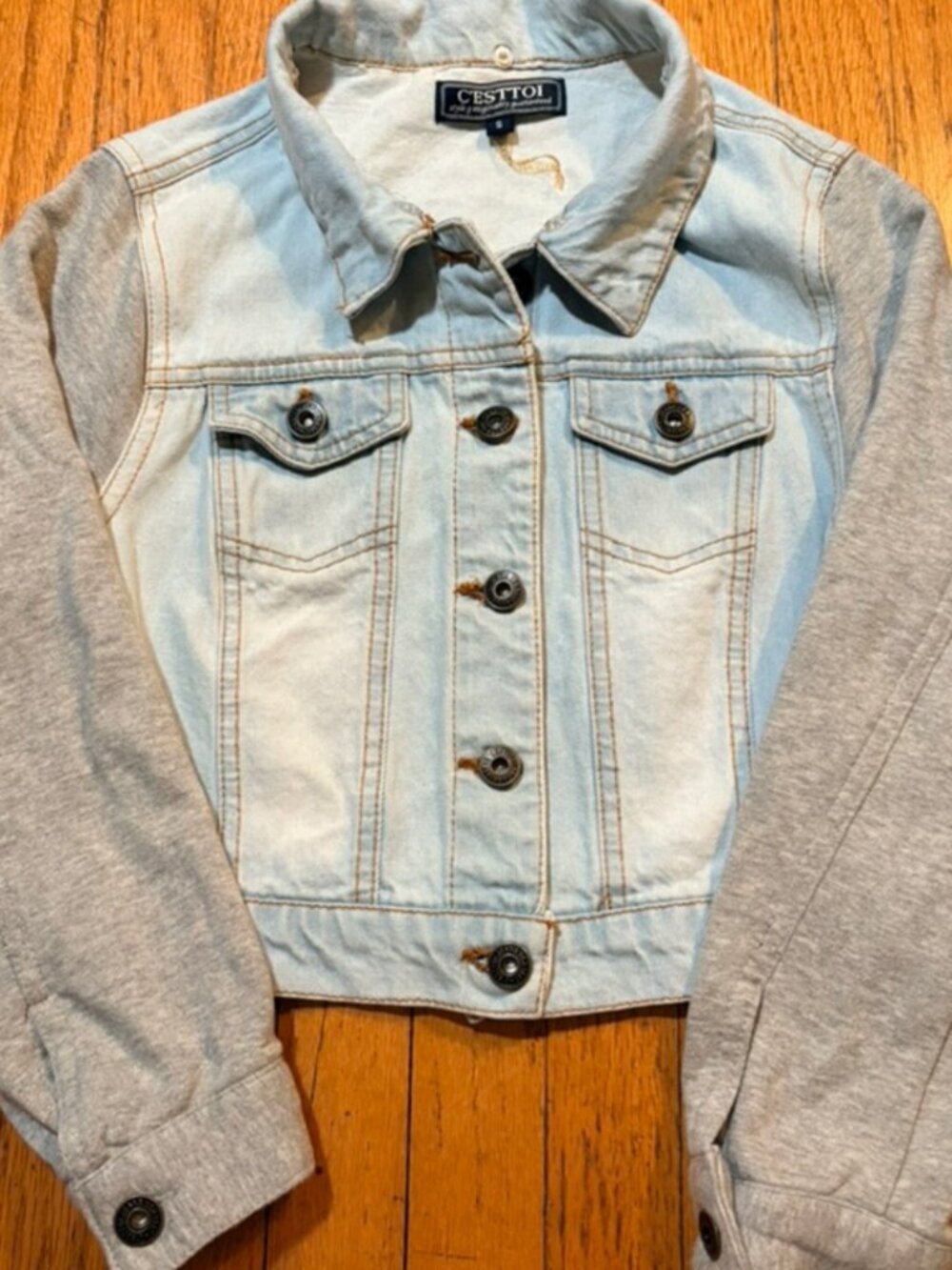 C’ESTTOI Cropped Denim Jacket Knit Sleeve Y2K Streetwear Small - Picture 4 of 11